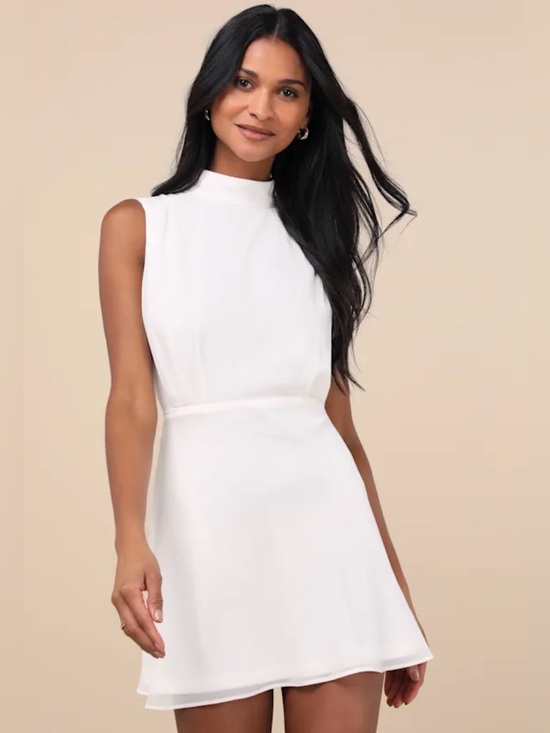 Lulus Dresses & Skirts - Classic Elegance White Chiffon Sleeveless Mock Neck Mini Dress